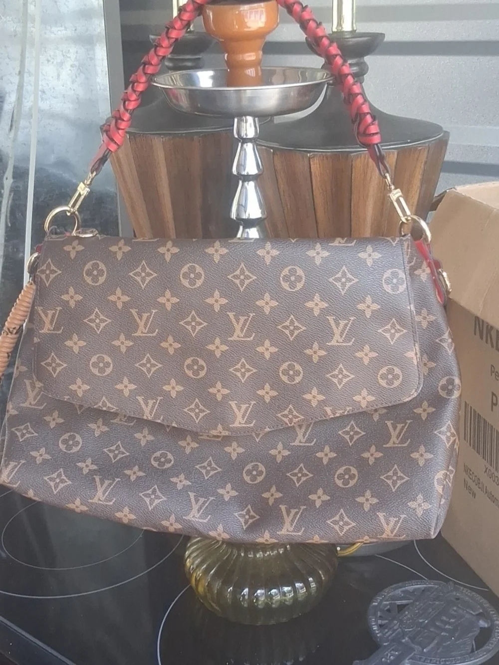 Louis Vuitton Monogram Canvas Brown Shoulder Bag with Red Braided Handle